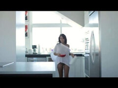 Stacked brunette in white Madison Ivy gets her pussy eaten in the kitchen in the morning