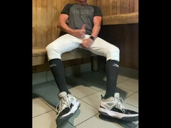 Buff Jacked Jockdad87 Edges in Baseball Gear in the Sauna