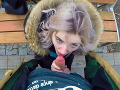 Teen nympho Eva Elfie sucking big boner on the park bench