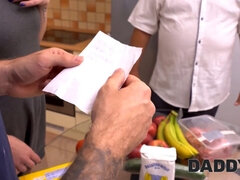 Stepdad catches blonde GF getting pounded by his hung stepson in the kitchen