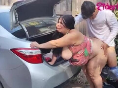Cougar Stepmom Fucks Young Guy in Car Outdoors