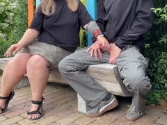 Big Ass MILF Gives Handjob Outdoor - Cumshot on Chubby Ukrainian Mom