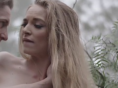 Passionate skinny cowgirl fucked in pussy outdoors after blowjob