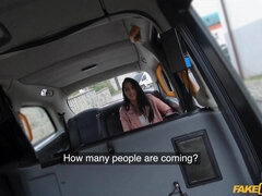 Raven-haired nymph with big natural tits gets fucked in the taxi