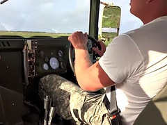 Military guys enjoy outdoor anal on the military jeep