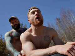 Bearded gay fucks jock in forest on quad