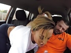 Blonde Eager mom pounded by driving teacher in the test vehicle