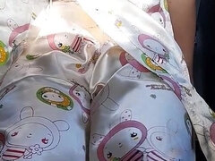 Crossdressing and Cum Inside Satin Pajamas with Kimono Set