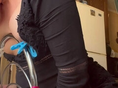 Masturbating with New Tight Clothes and Toilet Brush on the Balcony