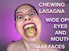 Chewing Lasagna - Wide Open Eyes and Mouth - Silly Faces