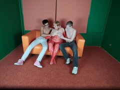 Double Dicking Of Blonde In Red Lingerie Suit - Threesome