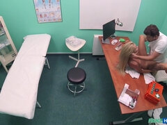 A Russian hoe hops up on the doctor's desk for a well-deserved fucking
