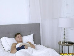 Horny nurse c. on her stepbros dick and slobbers all over it covering it with her saliva
