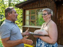 Blondína, Hrubé, Vonku, Ovisnuté prsia, Stockings