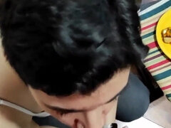 Quickie! Oral and jizz on her frankfurter! (and black denim)