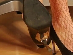 Brown Fishnet Heels Tease - Soles, Dangling & Red Toes