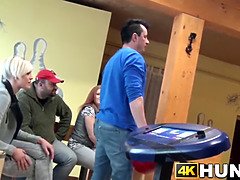 Dark haired cheats on her bf for cash at a bowling place