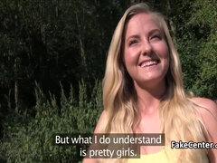 Blond with small tits fucks outdoor