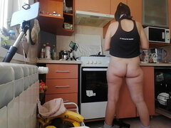 Sexy Mom Prepares Breakfast, Hairy Pussy, Big Tits. Sexy Woman Empties House