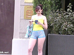 Jeny Smith struts in transparent shorts in public. Authentic showcasing scenes