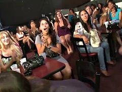 Multiple CFNM girls get to suck feisty strippers dick