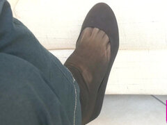 Dangling in Black Flats and Black Nylon Socks