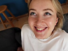 Amateur sex tape of innocent new teen Ann Joy - she uses a sex toy while fucking and gets a creampie