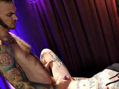 Mesmerized crossdresser in fishnet stockings fucks inked boyfriend