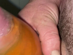 Uncut Cock with Tied Balls Pisses and Cums in Condom