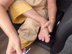 Home pampering session with a naked wifey getting her feet done