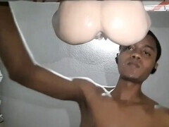 Solo guy has a steamy session with a big black cock and a fleshlight