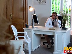 Hot blonde German secretary Anny Aurora thinks her new boss is the delivery guy and lets him fuck her plump ass and puffy tits and warm pussy to orgas