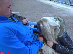 Public, down jacket, blonde milf