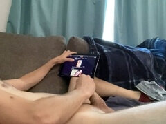 Home alone on step mom's couch, athletic stud jerks off to huge cumshot with his big hard cock