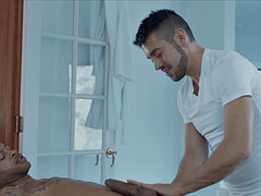 Black teen with glasses and ass fucked by big cock masseur