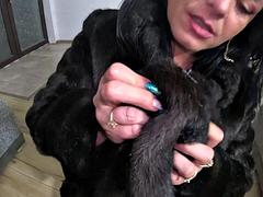 Slutty mature deep-throat and cum play on a fur-coat