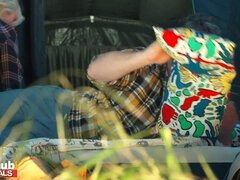 Naughty fiancee cheats on her man and takes his buddy's ass in doggy-style on a camping trip - watch as she gets a