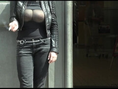 Cute blonde Teen exposes her big natural tits on the streets.