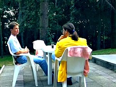 Two German sluts sharing two cocks outdoors