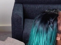 Blue Haired Beauty Sucks off a Room Full of Cock