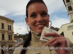 Cameraguy convinces dark-haired beauty to show tits for money