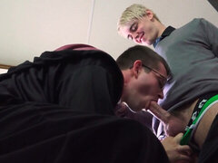 Blonde twink fucks nerdy colleague in the ass and comes on his face