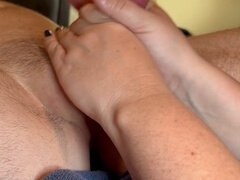 Horny wife teasing and pleasuring her blindfolded husband with the GawkGawk3000 sex toy