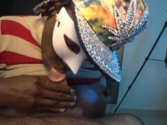 Ebony mature wife with monster tits gives homemade POV blowjob