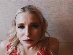 Blonde whore with natural tits Stacy Starando making blowjob on her knees