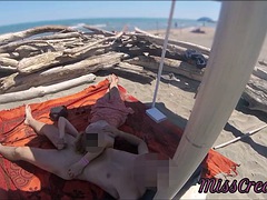 Outdoor exhibitionist teacher amateur MILF handjob big cock on public nude beach in front of voyeur with cum P2 - MissCreamy