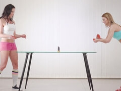 Katy Rose & Niki Sweet's ping pong game turns into a hot lesbian dildo session
