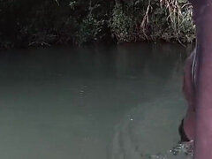 Jerking off in a Public River Untill I Drop a Massive Cumshot in My See Thru Leggings