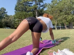 Ebony beauty Rhiley enjoys a steamy yoga session at the park