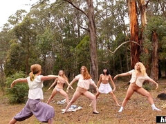 Naked yoga calms Kim Cums, Marina Lee, Chloe B. and Laney Day - Outdoor